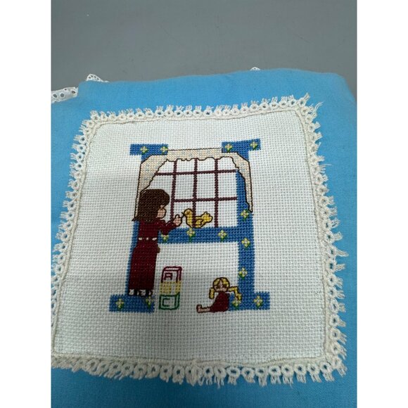 Handmade Blue Throw Pillow Cross Stitch Child bird Design White Lace Trim READ - Picture 2 of 8